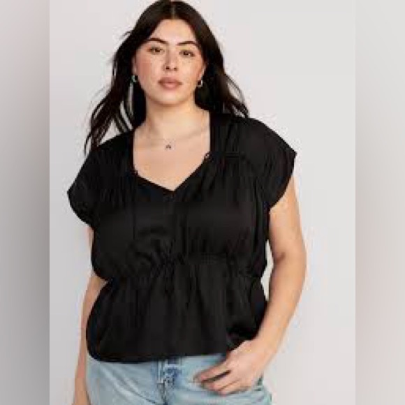 NEW Old Navy Waist Defined Satin Shirred Tie-Front Blouse Black V-Neck XXL - Picture 1 of 9